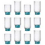 Bormioli Rocco 12pc Blue Florian Glassware Set - Mixed Glass Highball Cocktail Gin Glasses and Water Whiskey Drinking Tumblers