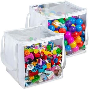 Extra Large Toy Storage Clear Bags with Zipper, 2 Pieces - Measures 𝟏𝟒"×𝟏𝟒"×𝟏𝟒" Clear Plastic Bins with Handle, Toy Organizer for Kids playroom, Blocks, Clothes, Stuffed Animal Storage