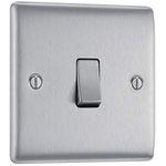 BG Electrical Single Wall Light Switch, 2 Way, Raised and Slim Profile, Round Edges, Nexus Metal, Brushed Steel, 20A, 16AX, NBS12