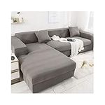 ANAZOZ Stretch L-Shaped 3 Seats Sectional Cushion Sofa Slipcover,Sofa Slipcovers Elastic Gray Polyester Sofa Cover Solid Color Sofa Slipcover 3 Seater+4 Seater(235-300CM)