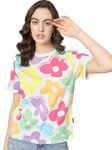 THE DRY STATE Women's Cotton Graphic Print White Oversize Half Sleeve Round Neck Regular Fit Tshirt (Xl, Multicolor1)