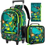 FTJCF 3PCS Rolling Backpack for Girls Boys, Kids Roller Bookbag with Wheels, Wheeled School Bag Set for Elementary, Dinosaur Green01, One Size