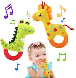 JoyPlus Giocattolo Sonaglio Neonati 0-12 Mesi, 2 Pezzi Giochi Sensoriali per Neonati, Giochi Peluche Neonato, Sonagli Sensoriali Neonato con Anello Massaggiagengive per 0+ Mesi Bambini, Regalo Neonato
