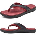 KuaiLu Mens Leather Sport Flip Flops Comfort Orthotic Thong Sandals with Plantar Fasciitis Arch Support for Outdoor Summer, Red Black Size 12