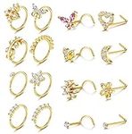 Drperfect 16Pcs Nose Rings For Women Surgical Steel Nose Studs Hoops 22G Nose Hoop Corkscrew L Shaped Nose Stud Gold Silver Nose Ring Nose Piercing Jewelry