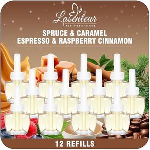 Plug In Air Freshener Refills – Spruce, Caramel, Espresso & Raspberry Cinnamon Scents – Adjustable Fragrance for Home & Bathrooms, 12 Pack – Compatible with Air Wick & Glade, Not Include Glade Plus