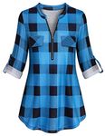 Tanst Sky 3/4 Sleeve Shirts for Women, Zip up V Neck Blouses Plain Roll-up Sleeve Long Sleeve Tunic Tops for Leggings Fashion Office Clothing Winter Plaid Outfits Light Blue L