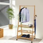 ADA Handicraft® Premium Bamboo Clothes Stand for Bedroom with 3-Tier Clothing Rack and 4 Side Hooks for Hanging Clothes Size-(71 x 45.7 x 177cm)