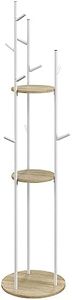 HOMCOM Porte-manteaux sur pied meuble d'entrée en acier avec 9 crochets et 2 étagères rondes - Ø 40 x 167 cm naturel et blanc