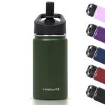 Hydrate Stainless Steel Water Bottle Kids - 400ml - Insulated Bottle with Spill Proof Straw Lid - Double Wall Insulation for Cold & Warm Drinks - Easy to Carry - Kids Drinks Bottle - Rainforest Green