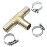 2 Pcs Brass Hose Barb Tee Fitting,T Barbed Hose Fittings, 3/4" x 3/4" x 3/4" 3 Ways Hoses Connector with 6 Pcs Stainless Clamps for Water/Fuel/Air