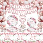 168 PCS Baby Shower Decorations Girl Gender Reveal Party Supplies Babygirl Tableware Set - Plate, Napkins, Baby Shower Banner, Balloons Rose Gold Floral Girl Baby Shower Party Supplies Serves 20