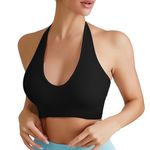 BFACCIA Halter Neck Sports Bra Women Seamless Mid Support Wireless Bralette Adjustable Strap Backless Padded Bras Solid Color Gym Tank Tops Sexy Push Up Crop Top for Running Yoga Black