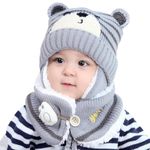 Cute Baby Winter Hat Scarf Set 6-36 Months Baby Girls Boys Knitted Beanie Hat with Earflap and Chin Strap Fleece Lining Toddler Neck Warmer Ear Warmer Little Kids Hat Set