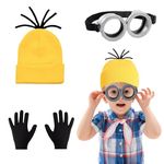 3 Pcs Kids Cosplay Costume Accessories with Yellow Beanie Knit Hat Black Gloves Grey Steampunk Goggles Glasses for Halloween Cosplay Party World Book Day Dress up Outfits