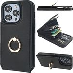 Folosu Compatible with iPhone 14 Pro Case Wallet with Card Holder, 360°Rotation Finger Ring Holder Kickstand, RFID Blocking Leather Protective Double Buttons Shockproof Cover 6.1 Inch Black