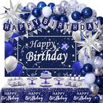 Blue Birthday Decorations for Men Women, Blue and Silver Party Decorations with Happy Birthday Balloons Banner Tablecloth Backdrop Confetti Star Balloons Arch Kit Blue Party Decorations Supplies