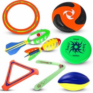 8-in-1 Sports Combo Play Set - Ultimate Outdoor Family Backyard Games with Foam Football, Flying Discs, Aero Rings, Boomerang, Whistling Missiles – Throw & Catch Fun Activities for Kids
