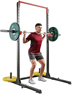 Sunny Health & Fitness Essential Adjustable Power Rack Squat Stand With J-Hooks, Adjustable Pull Up Bar, Weight Plate Holders, Resistance Band Posts Optional Incline Bench, LAT Pull Down Attachment