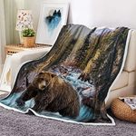 Forest Bear Throw Blankets, Misty Mountains Wildlife Cozy Warm Bed Couch Blanket, Farm Rustic National Park Jungle Rainforest Stream River Rock White Fleece Throws to Decorate the Room and Bedroom
