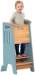 Toddler Tower with a Sliding Door and 3 Adjustable Heights - Complete Toddler Kitchen Stool Helper with Support Feet - Safe Design for 18+ Months to 6-Year-Old Kids - Blue