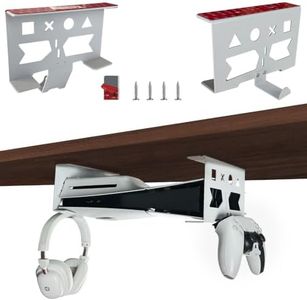 Chanvoo Aluminum Under Desk Mount for PS5/PS5 Slim/ PS5 Pro Digital & Disc, Securing Under Desk Bracket with Detachable Controller & Headphone Holder Kit No Drill (White)