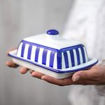 City to Cottage Handmade Ceramic European Covered Butter Dish with Lid | Unique Navy Blue Stripe Pottery Butter Keeper | Housewarming Gift