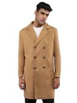 CHKOKKO Men Winter Wear Solid Double Breasted Long Coat Beige XL