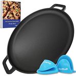 StarBlue 40.6cm Cast Iron Pizza Pan Round Griddle with FREE Silicone Handles and 30 Recipes Ebook– Pre-Seasoned Comal, Kitchen Essentials for Lovers, Baking, Grill, BBQ, Stove Oven Safe