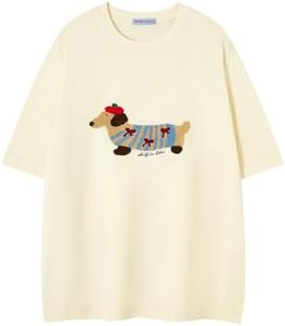 Aelfric Eden Mens Oversized Graphic Tees Dog Embroidery Casual Women Tshirts Short Sleeve Top Cotton Cute Tee Shirt Grey