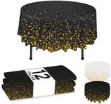 NORZEE 12-Pack Black Disposable Plastic Tablecloths, 84" Plastic Table Cloth, Round Table Cover, Round Plastic Tablecloth Disposable Black Gold CONFETY