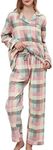 CHUNG Women Flannel Pajamas Set Brushed Cotton Button Tops Pants S-XL Sleepwear Loungewear Cozy Warm Winter, Green Plaid, Large