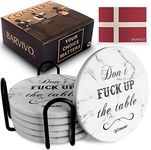 BARVIVO Hilarious Ceramic Coasters for Drinks Absorbent with Holder - Quickly Absorbing Condensation - Set of 6 Drink Coasters for Wooden Table Protection Comes with Scrape Preventing Cork Bottom