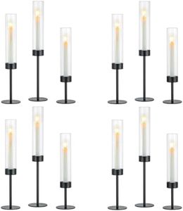 Hewory Black Hurricane Candle Holders: 12 PCS Tall Taper Candlestick Candle Holders Bulk for Candlesticks Candle Sticks Holder Decor for Table Centerpiece Wedding Party Christmas Decorations
