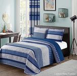 All American Collection Blue and Gray Modern Plaid 2-Piece Twin Bedspread and Pillow Sham Set | Matching Curtains Available