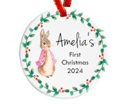 Personalised Baby's First Christmas Ceramic Bauble | Rabbit Pink Baby Girl Newborn Ceramic Round Ornament Tree Decoration Keepsake