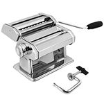 GOURMEX Stainless Steel Manual Pasta Maker Machine | with Adjustable Thickness Settings | Perfect for Professional Homemade Spaghetti and Fettuccini | Includes Removable Handle and Clamp (Silver)