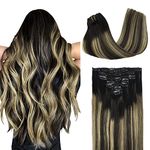 DOORES Human Hair Extensions Clip in Hair Extensions Balayage Natural Black to Light Blonde 20 Inch 120g 7pcs Real Hair Extensions Straight