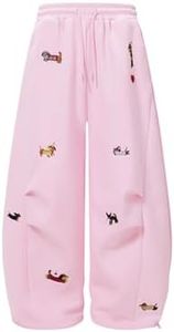 Aelfric Eden Embroidery Puppy Baggy Barrel Sweatpants Casual Y2K Elastic Drawstring Unisex Wide Leg Pants Lantern Trouser Pink XL