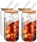 Drinking Glasses Set 20 oz, Glass Tumbler with Straw and Lid, Iced Coffee Cup Glass Cups with Lids and Straws, Drinking Glasses with Bamboo Lids and Straws, 4pcs Set