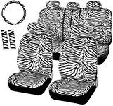 Zebra Car Seat Covers Full Set Front & Rear Complete with 2 Seat Belt Pads & Universal 15 Inch Steering Wheel Cover Fit Cars, Trucks, SUV, or Van for Women (ZEBRA)