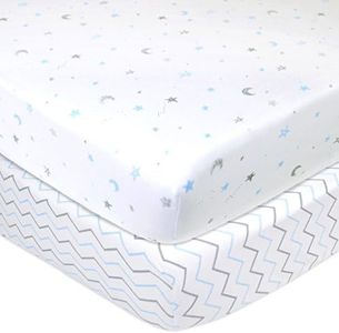 American Baby Company 2 Pack Fitted Crib Sheets 28" x 52", Soft Breathable Neutral 100% Cotton Jersey Sheet, Blue Stars/Zigzag, for Boys and Girls, Fits Crib and Toddler Bed mattresses