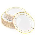 MATANA 60 Premium White Plastic Plates with Gold Rim - 30 26cm Dinner Plates, 30 19cm Dessert Plates - Elegant & Reusable Party Plates for Weddings, Birthdays, BBQ, Parties