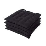 HOMESCAPES Black Seat Pads for Dining Chair, Set of 4 100% Cotton Chair Pads with Straps, 40x40 cm