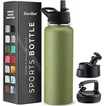 FineDine Triple Walled, Insulated Water Bottles with Straw - 40 Oz Stainless Steel Metal Bottle W/ 3 Leak Proof Lids - For Travel, School, Sports, Gym / Men, Women & Kids - Army Green