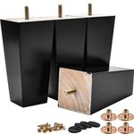 Tchosuz 4 x Wooden Furniture Legs, 4 x Square Conical Black Sofa Legs with Rubber Protectors & Screws & M8 Mounting Plates, Wooden Feet for Sofa Cabinet Armchair DIY