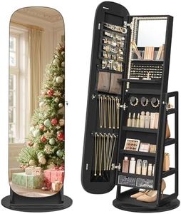 SONGMICS LED Jewelry Cabinet, 360° Swivel Jewelry Organizer, Lockable Mirror Jewelry Cabinet Standing, Rounded Wide Full-Length Mirror with Storage Shelves, Interior Mirror, Ebony Black UJJC036B01