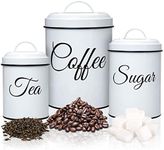 Coffee Tea Sugar Containers for Countertop, 3-Piece Stainless Steel Kitchen Canisters Set, Sugar Jar Coffee Jar with Lids for Fresher Goods, White Farmhouse Kitchen Decor