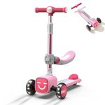 Joyano Foldable Kick Scooter for 2 Years and up, 2-in-1 with Removable Seat, Bell, 3 Adjustable Heights, Flashing Wheels and Wide Deck, Max Load 110lbs, Indoor/Outdoor Gift for Boy/Girl(Pink)