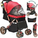 YITAHOME Pet Stroller, Foldable Cat Dog Stroller, 2 Directions of Travel，Dog Pushchair, Dog Pram with Storage Basket Cup Holder Removable Hanging Bag, Dog Pram for Small Medium Dogs, Dog Buggy (Red)